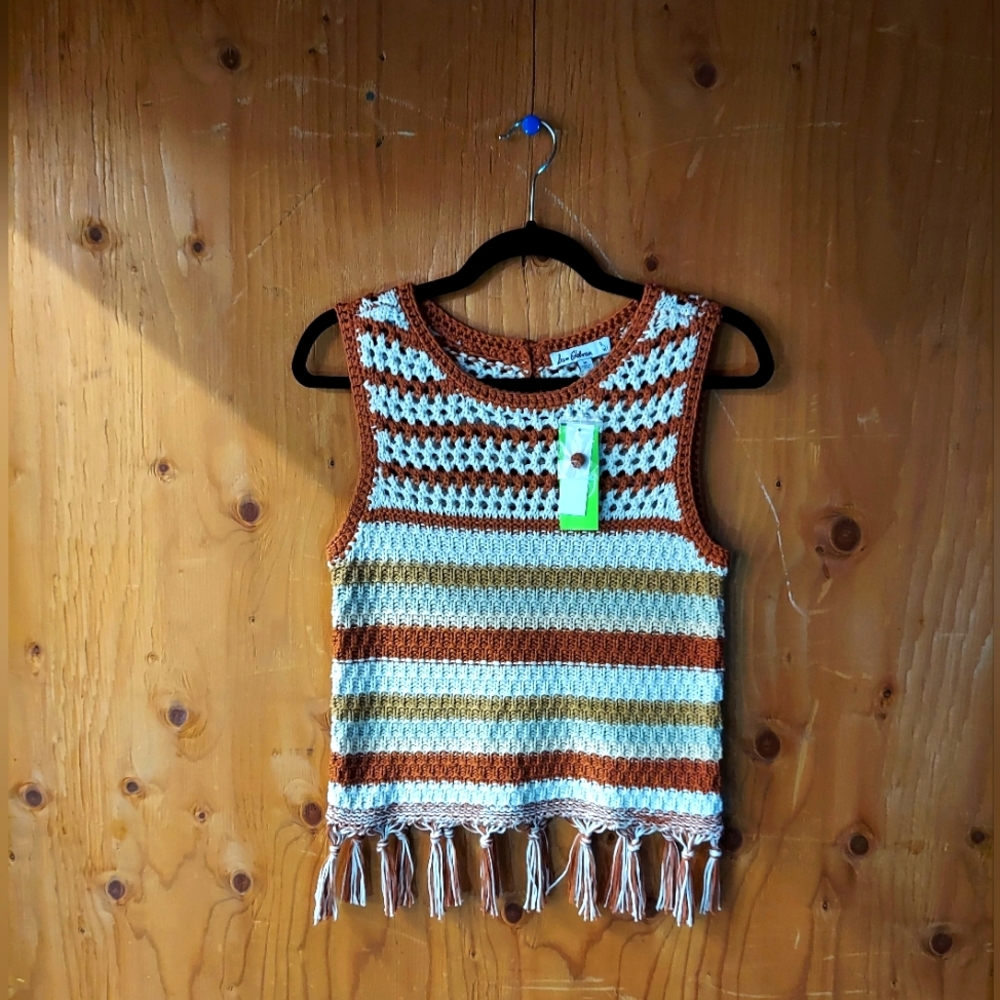Sam Edelman Fynn Brown & White Open Knit Sleeveless Fringe Crochet Top